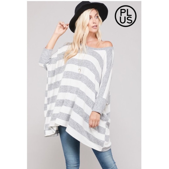 Tops - Plus Size White Gray Stripe Knit Tunic Shirt Top